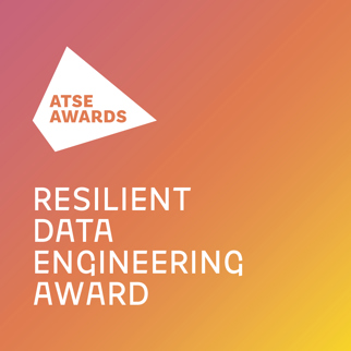 Square graphic with a gradient from pink to yellow, with the words Resilient Data Engineering Award in white letters under the ATSE Awards logo.