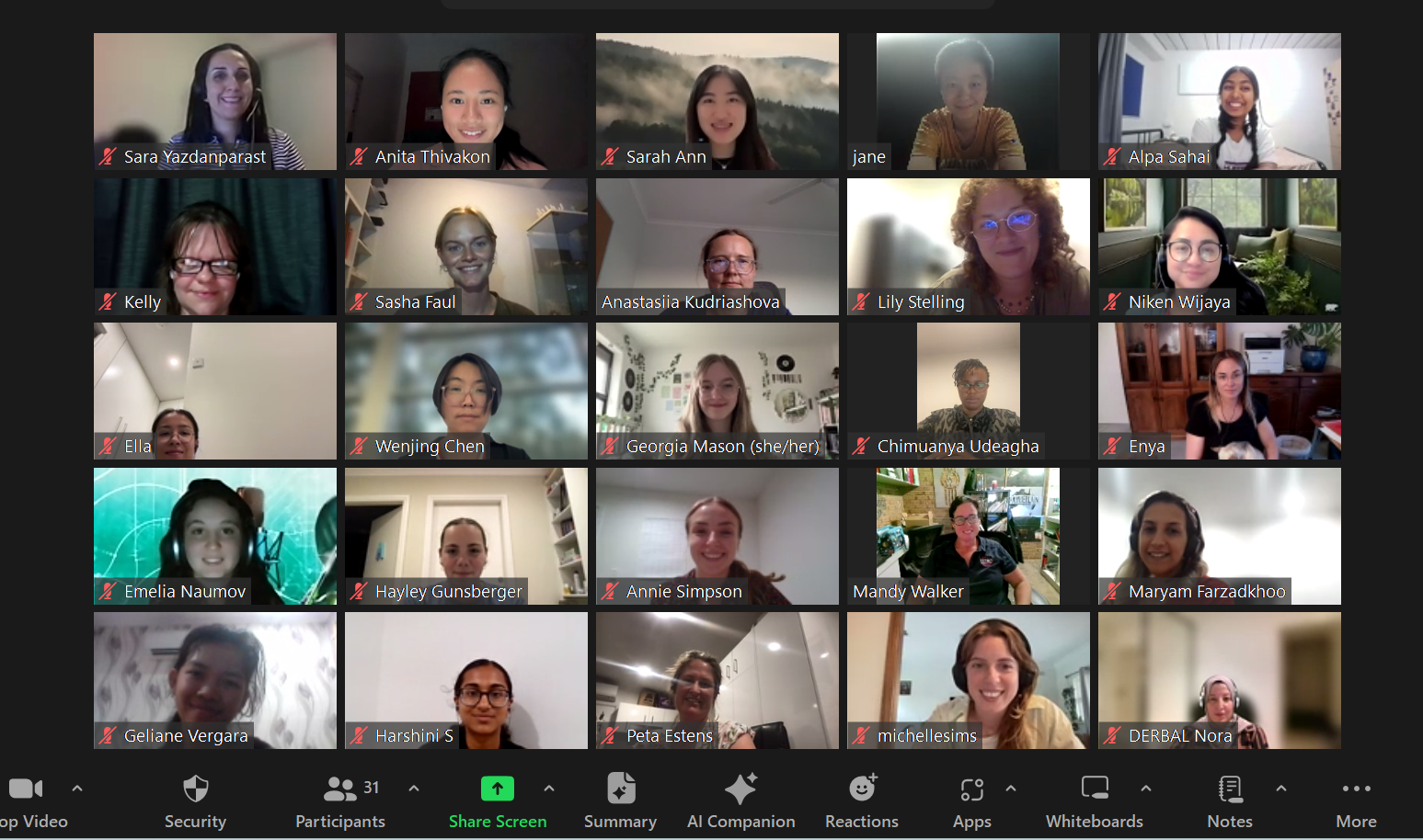 Screenshot of a Zoom meeting with visible 25 faces of smiling women.